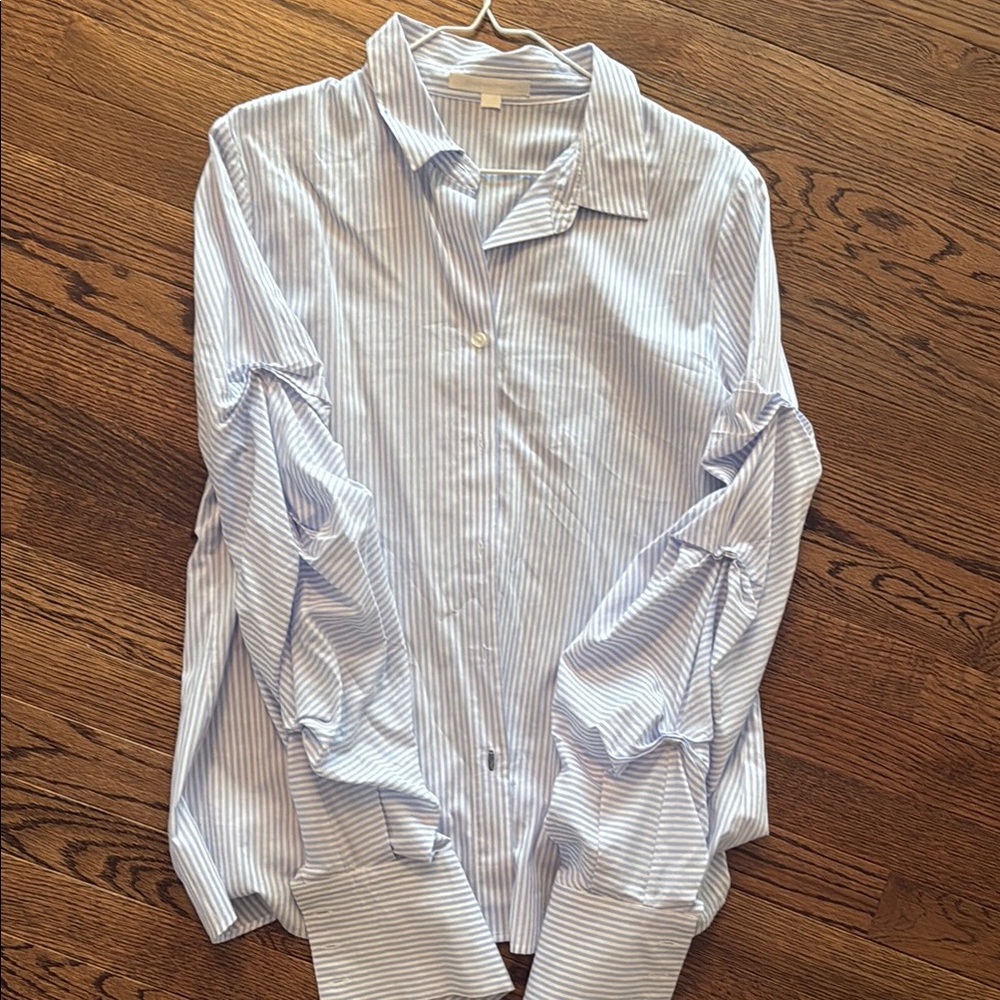 Jonathan Simkai Womens Blue Striped Shirt with ruched sleeves